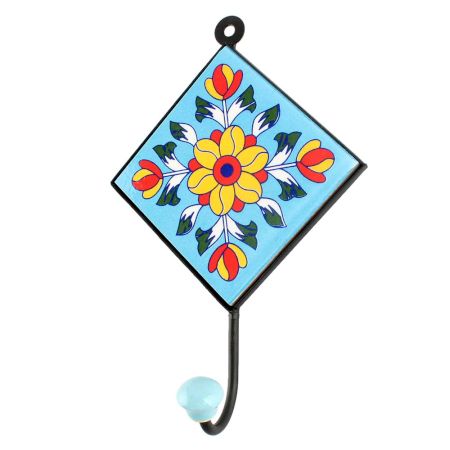 Yellow Flower Ceramic Tile Hook With Turquoise Base 